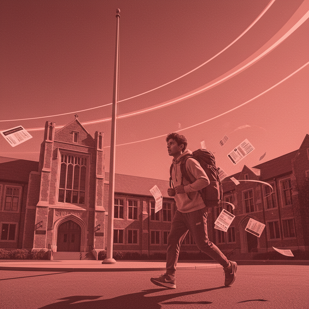 International student with passport and visa documents on a U.S. campus, symbolizing the F-1 visa crisis