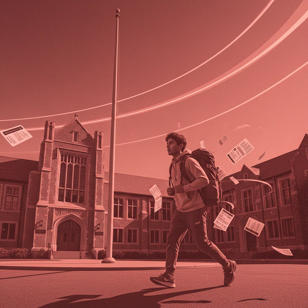 International student with passport and visa documents on a U.S. campus, symbolizing the F-1 visa crisis