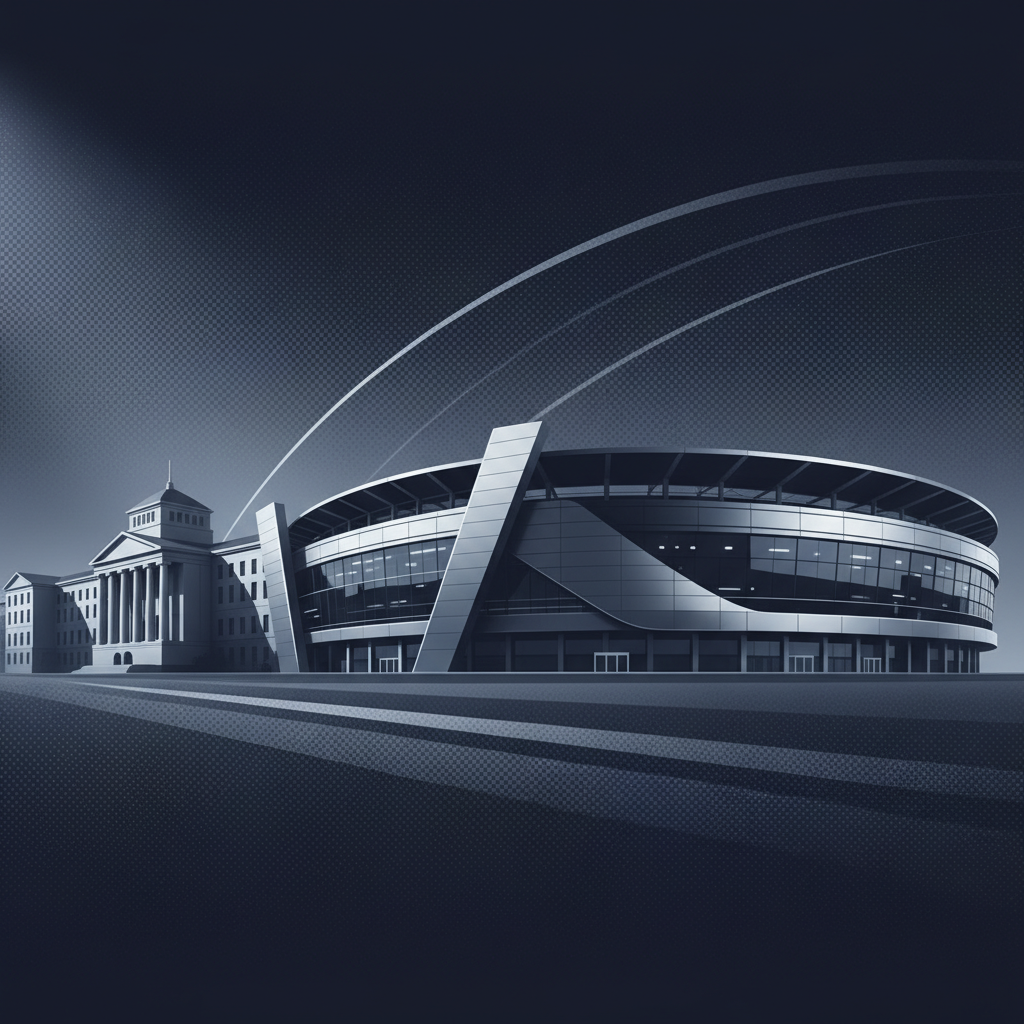 University campus merging with professional sports stadium — symbolizing the convergence of college and pro sports models