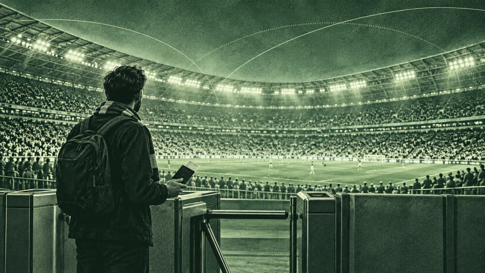Green duotone illustration of a football supporter holding a passport and ticket at a closed turnstile, with a packed stadium beyond