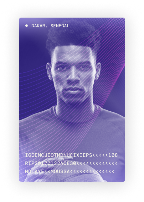 Visa-style identification card showing student-athlete immigration data